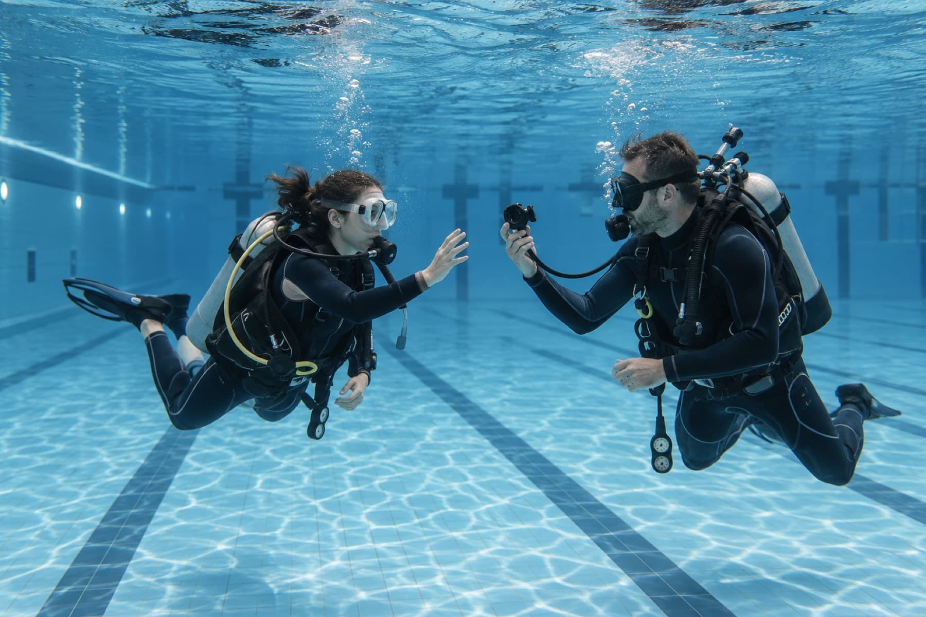 Scuba instructor and student practising skills in a clear training pool