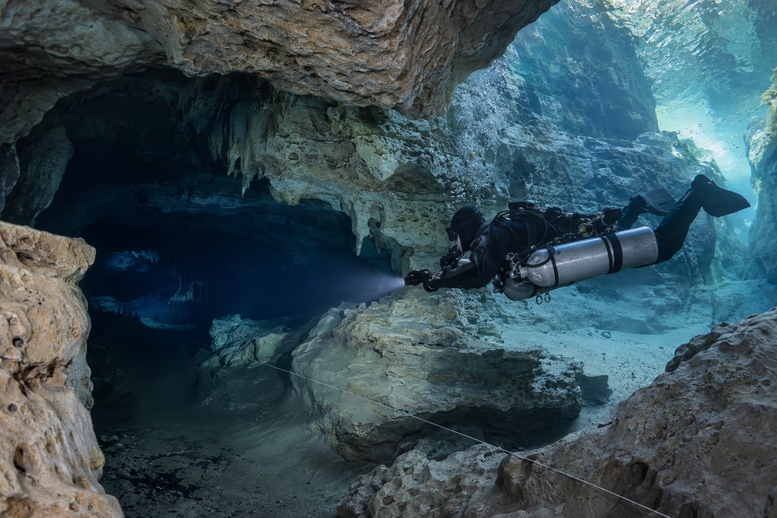 Sidemount cave diver following a guideline into a clear limestone cavern
