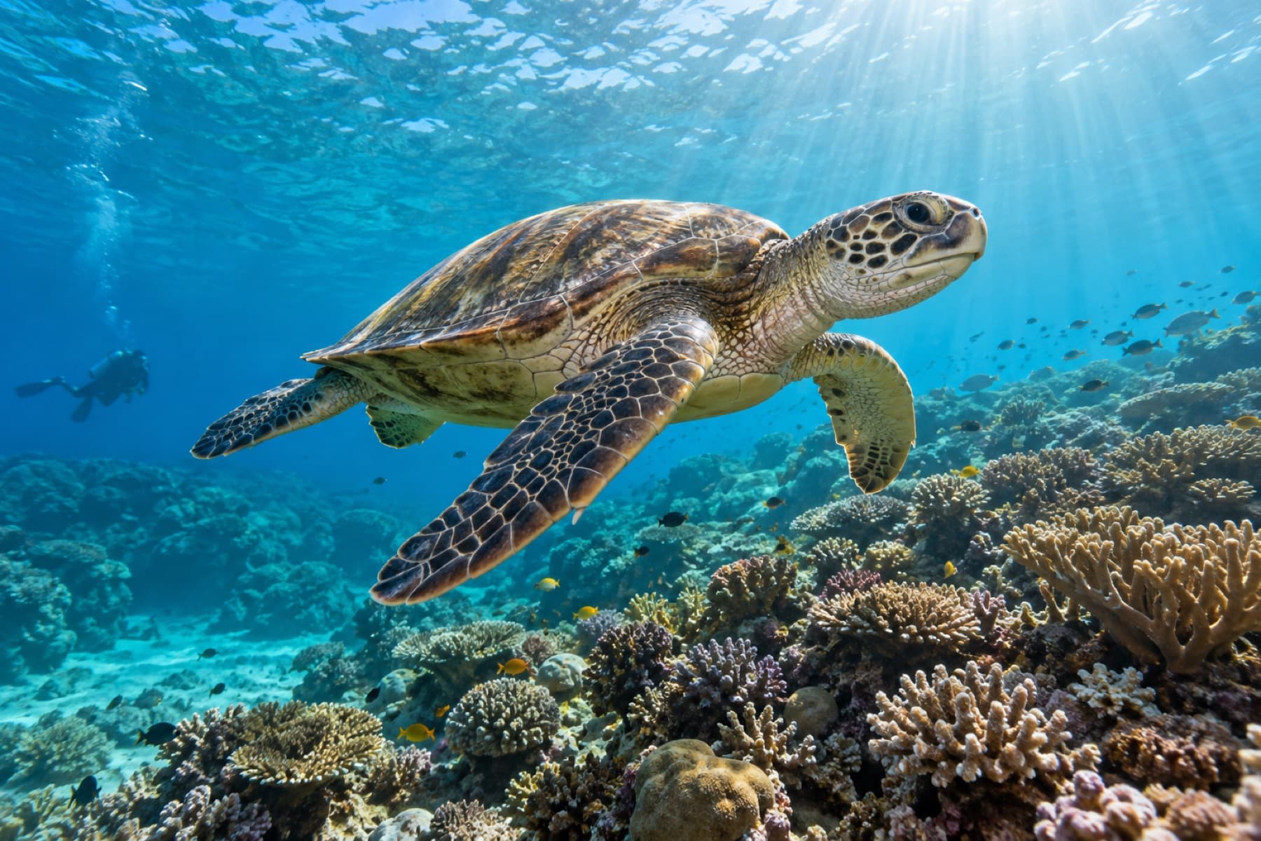 Green sea turtle swimming above a sunlit coral reef