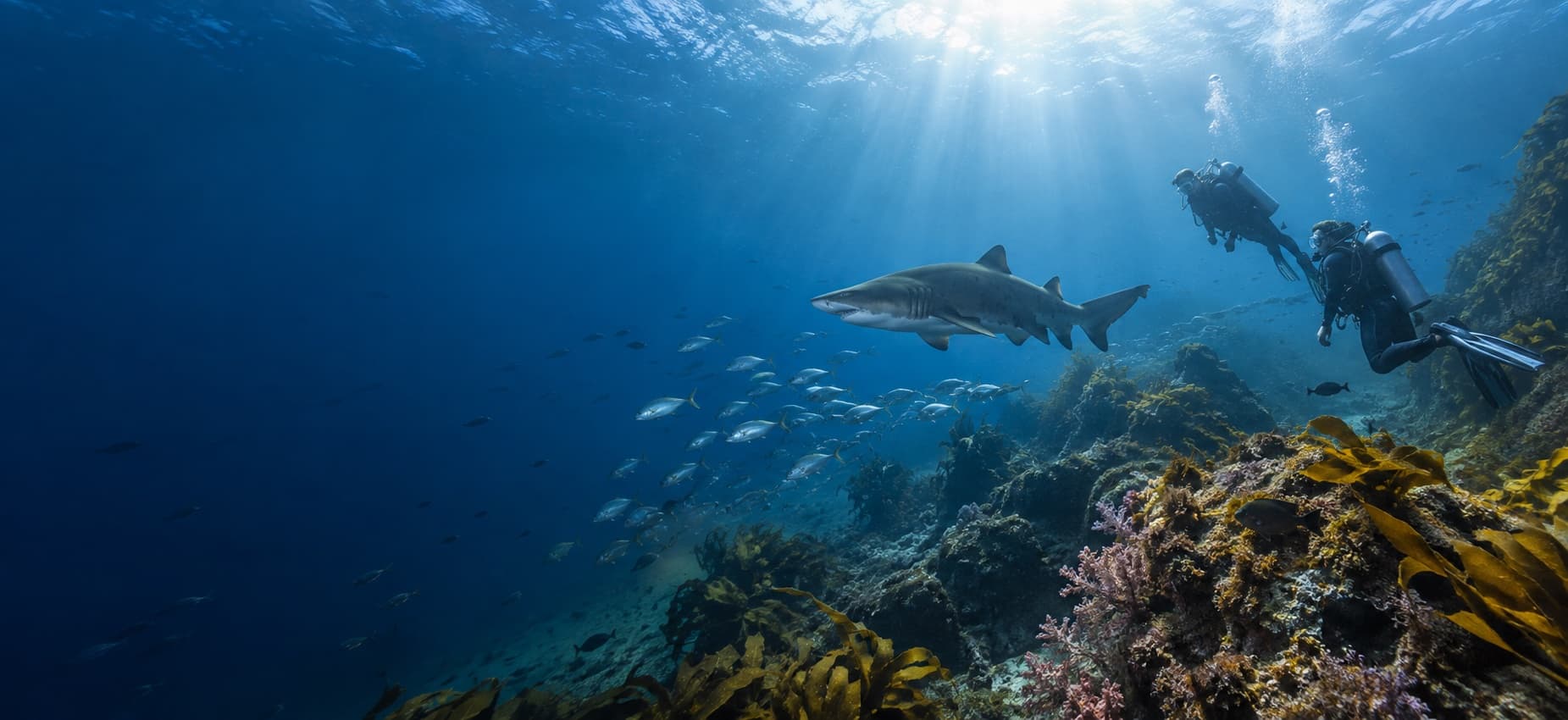 Scuba divers observing a grey nurse shark above an Australian rocky reef