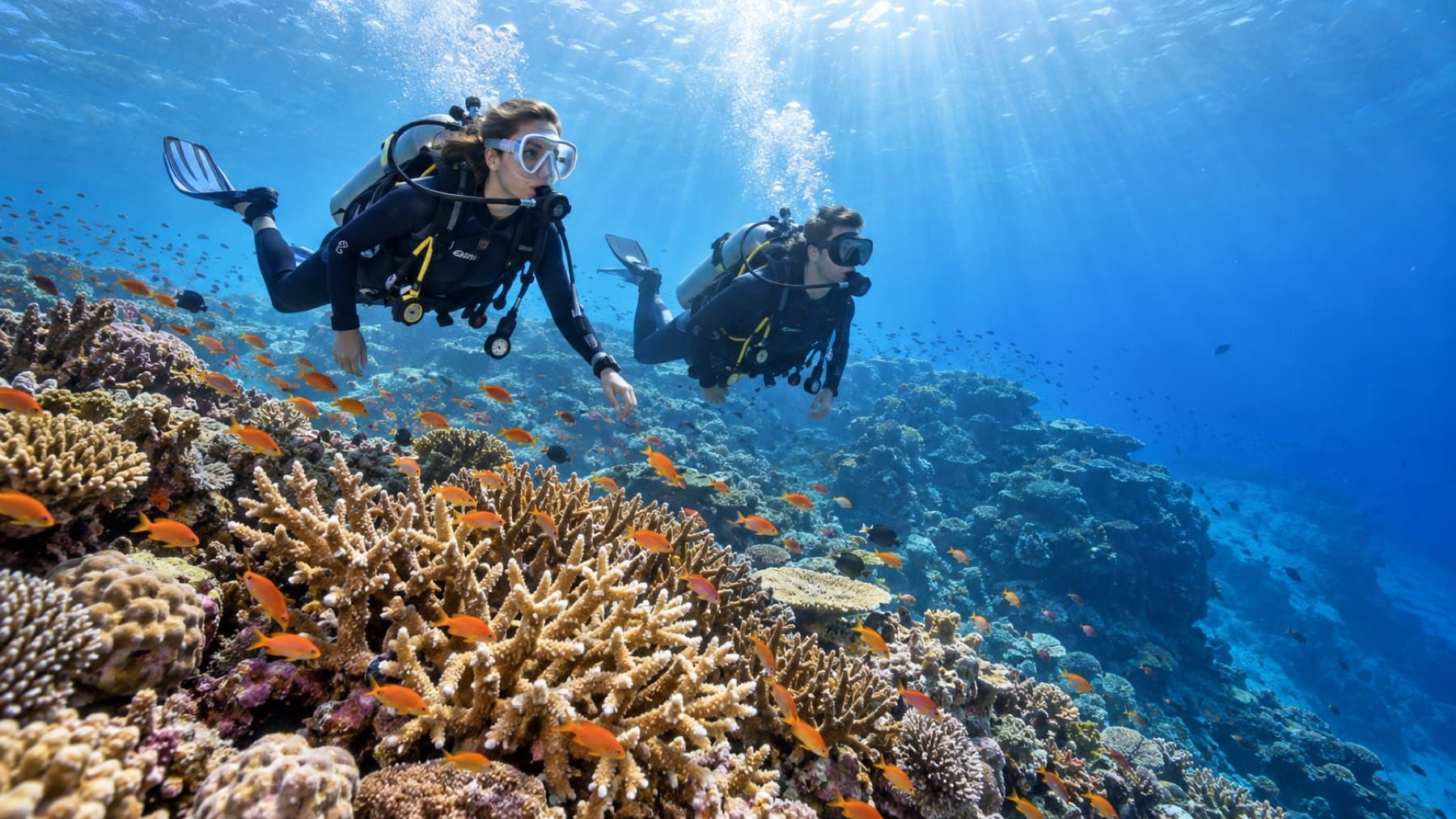Two scuba divers over a sunlit outer Great Barrier Reef coral garden