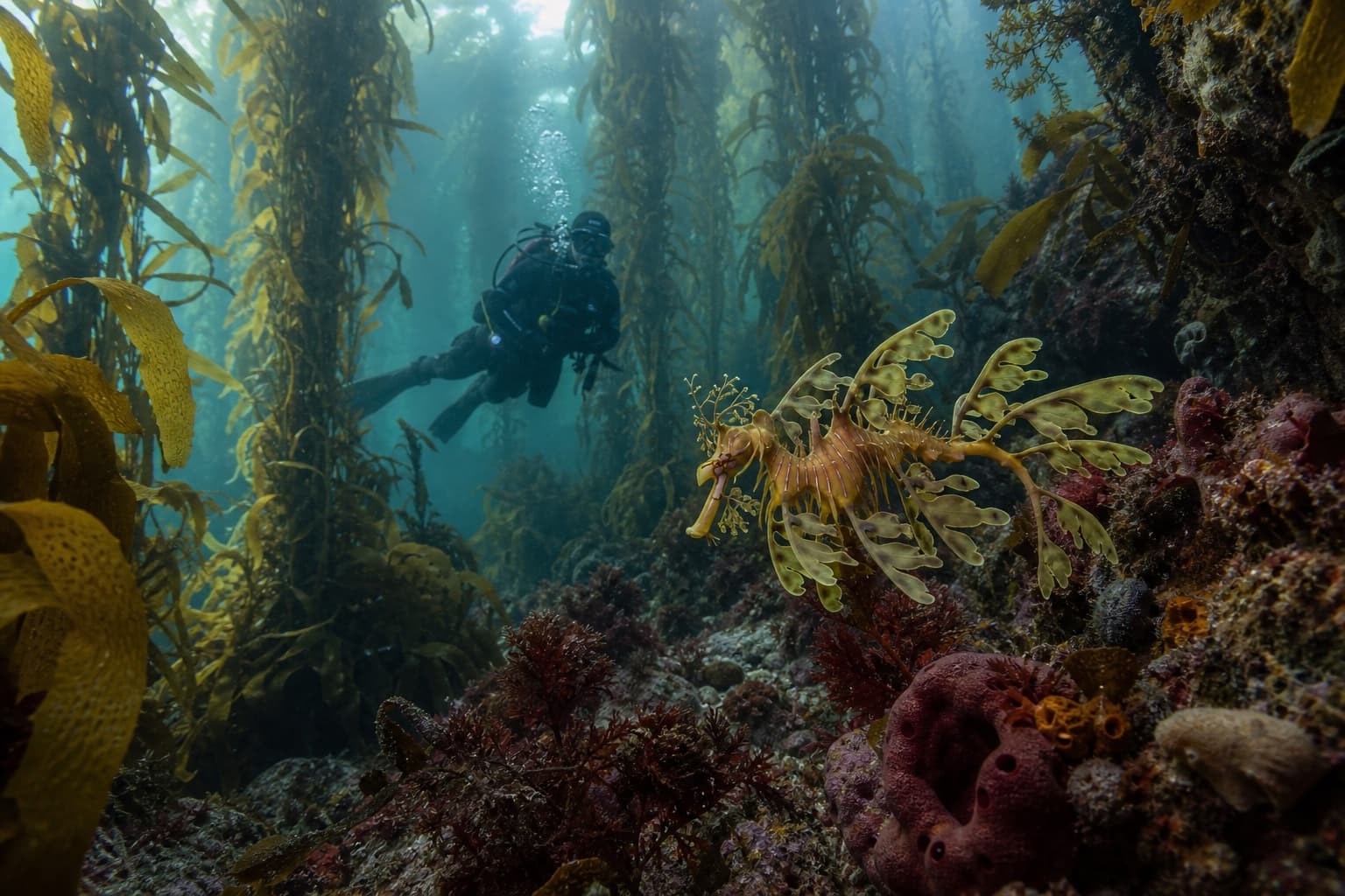Scuba diver and leafy seadragon in a southern Australian kelp forest