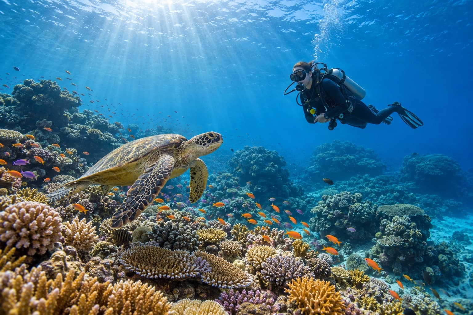 Scuba diver and green sea turtle above a tropical coral reef